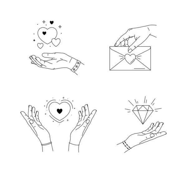 Ilustração Vetorial Coleção Logotipo Beleza Com Sinais Mão Coração Ícones — Vetor de Stock
