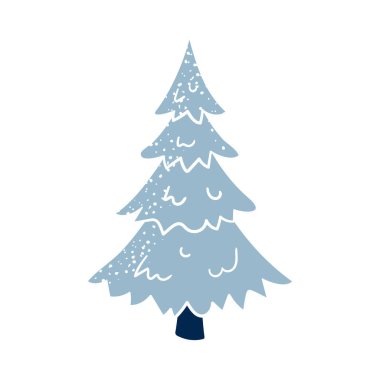 Beautiful cartoon blue pine tree. Winter forest tree icon. Hand drawn Christmas decoration design element. Vector illustration isolated on white.