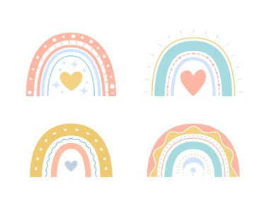 Set vector boho rainbows with hearts for kids. Cute colorful illustration in hand drawn style for nursery posters, prints, cards, fabric, children's books. Isolated on white