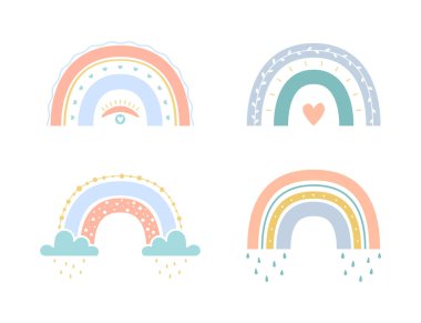 Set vector boho rainbows with heart, clouds and rain for kids. Weather element. Cute colorful illustration in hand drawn style for nursery posters, prints, cards, fabric. Isolated on white