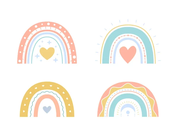 Set Vector Boho Rainbows Hearts Kids Cute Colorful Illustration Hand — Stock Vector