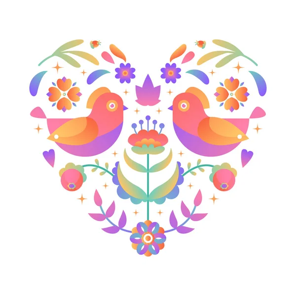 Brillante Forma Cuore Con Fiori Uccelli Foglie Gradiente Ornamento Floreale — Vettoriale Stock