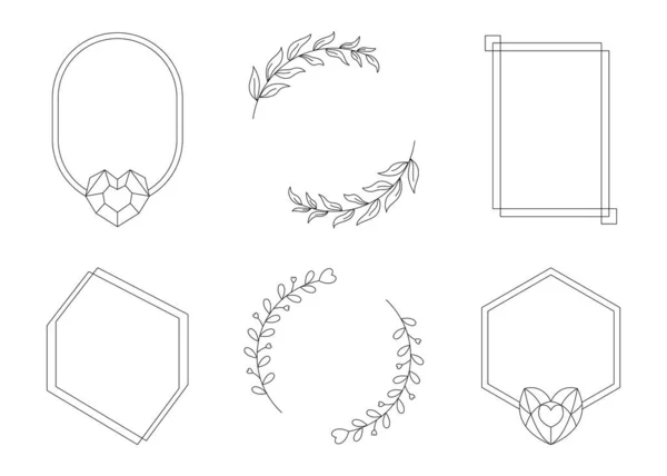 轮廓简约的现代风格几何线条框架与心 婚礼框架的简单设计元素 邀请卡模板 椭圆形 矩形和多角形的框架 — 图库矢量图片