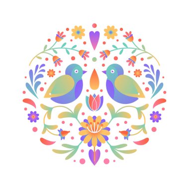 Süslü, yuvarlak, desenli çiçek deseni. Doğal bahçe elementleri çiçekler, yapraklar ve kuşlarla düzenlenir. Yapraklardan ve farklı çiçeklerden yapılmış yuvarlak bir şekil. Yaz ya da bahar çember arkaplanı.