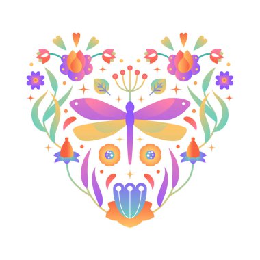 Çiçeklerle, yusufçuk ve yapraklarla dolu parlak bir kalp. Mezuniyet çiçeği süsü, halk motifi. Sevgililer Günü için güzel tasarım unsuru, Anneler Günü, Uluslararası Kadınlar Günü kutlamaları.