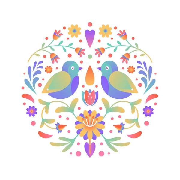 Süslü, yuvarlak, desenli çiçek deseni. Doğal bahçe elementleri çiçekler, yapraklar ve kuşlarla düzenlenir. Yapraklardan ve farklı çiçeklerden yapılmış yuvarlak bir şekil. Yaz ya da bahar çember arkaplanı.