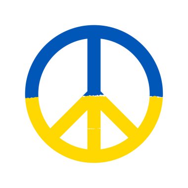 Barış sembolü, mavi ve sarı Ukrayna bayrağıyla boyanmış. Ukrayna için barış. Savaş yok. Vektör illüstrasyonu.