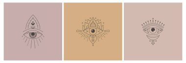 Vektör koleksiyonu çizgisi mistik göz dövmesi. Sosyal medya ilahi görüşü tasvir ediyor. Nazar boncuğu. Gizemli İşaret