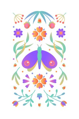 Vektör illüstrasyon çiçek kartı kapağı. Çiçekler, güve ve yapraklar dikdörtgen düzende. Tebrik kartları, düğünler, kırtasiye, davetiyeler, hatıra defterleri için. Doğal tasarım