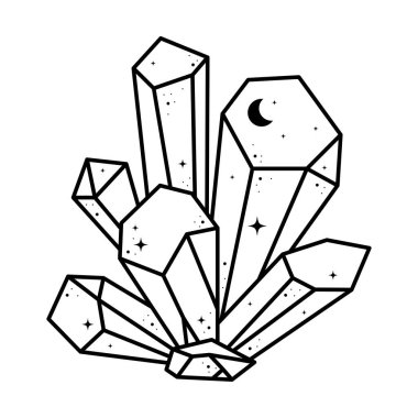 Kuvars kristali beyaz arkaplanda izole edilmiş. Göksel kristal kümesi, mineraller, dimontlar. Ay ve yıldızlı büyülü büyü taşı.