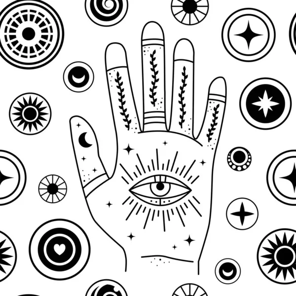 Злые Глаза Вокруг Мистической Руки Бесшовный Узор Геометрические Различные Талисманы — стоковый вектор