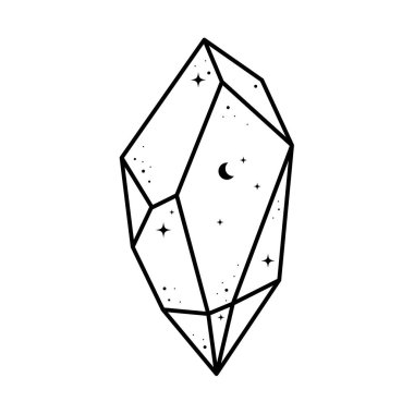Göksel çizgi kristal çizimi. Ay ve yıldızlı sevimli geometrik astroloji kristali. Mistik tişört izi, büyü taşı. Sihirli element, vektör illüstrasyonu beyaz üzerine izole.