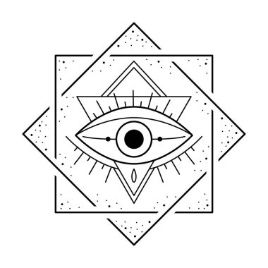 Kötülük Gören Göz sembolü çerçevede. Okült mistik amblem izi, grafik tasarım dövmesi. Esrarengiz simya işareti, ilahi görüş.