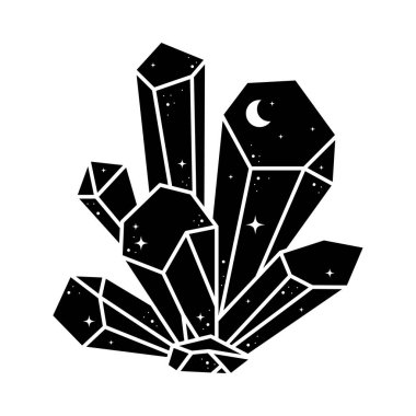 Siyah mistik kuvars kristal ikonu beyaz arkaplanda izole edilmiş. Göksel kristal kümesi, mineraller, dimontlar. Ay ve yıldızlı büyülü büyü taşı.