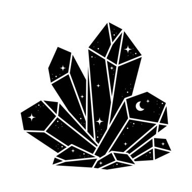Siyah mistik kuvars kristal ikonu beyaz arkaplanda izole edilmiş. Göksel kristal kümesi, mineraller, dimontlar. Ay ve yıldızlı büyülü büyü taşı.