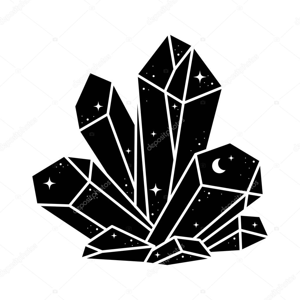 Black mystic quartz crystal icon isolated on white background. Celestial crystal cluster, minerals, dimonds. Magic witchcraft stone with moon and stars.