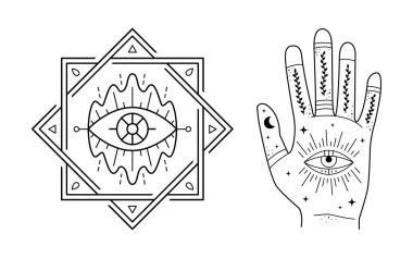 Şeytani Gören Gözlü Mistik İzler. Okült amblem izi, grafik tasarım dövmesi. Esrarengiz simya işareti, ilahi görüş.