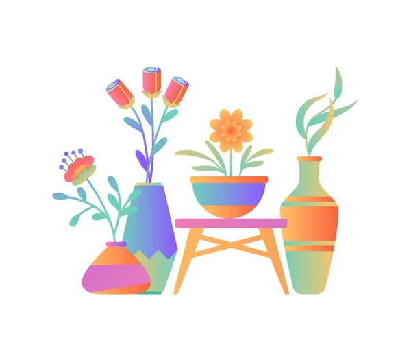 Urban Gardening Print Card Set Gradient Geometric Flower Pots Flat — ストックベクタ