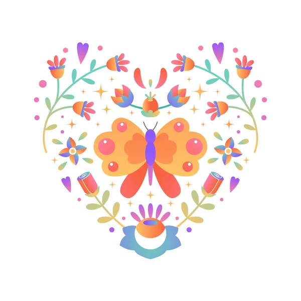 Bright Heart Shape Flowers Butterfly Leaves Gradient Floral Ornament Folk — Vettoriale Stock