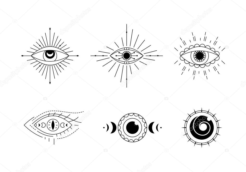 Evil eyes collection. Magic witchcraft eye talisman, magical esoteric eyes line art. Religion sacred geometry symbols icons set. Amulet talisman, various luck souvenir