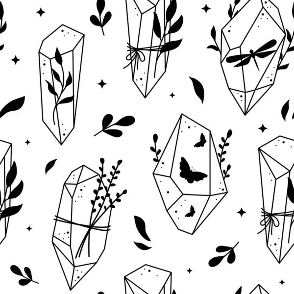 Vector Abstract Line Art Celestial Floral Crystals Seamless Pattern Mystic — Stock Vector