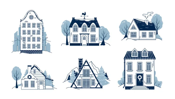 Collection Line Art Winter Houses Isolated White Background Christmas Holiday — Wektor stockowy
