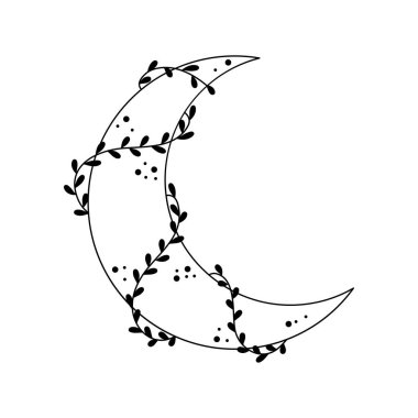 Floral crescent moon. Line art decorative beautiful flower arrangements. Botany and celestial body. Vector illustration for trendy t-shirt design, tattoo.