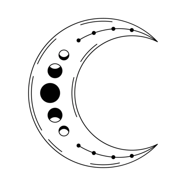 Line art crescent moon with phases. Magic mystic vector design element. Abstract linear moon. Boho celestial illustration.