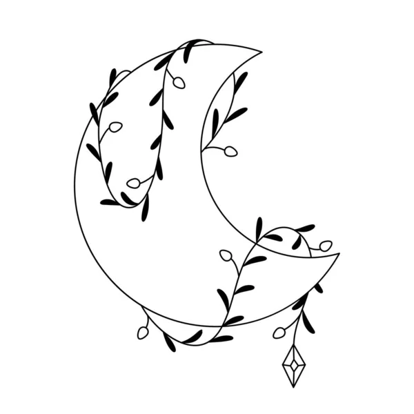 Floral Crescent Moon Line Art Decorative Beautiful Flower Arrangements Botany — Stockvector