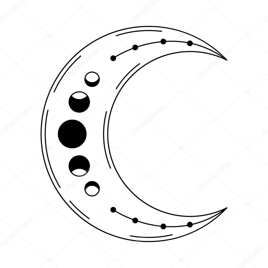 Line art crescent moon with phases. Magic mystic vector design element. Abstract linear moon. Boho celestial illustration.