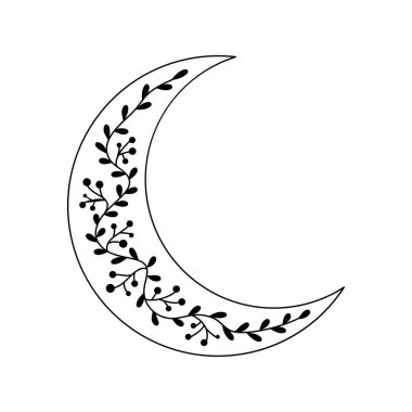 Floral crescent moon. Line art decorative beautiful flower arrangements. Botany and celestial body. Vector illustration for trendy t-shirt design, tattoo.