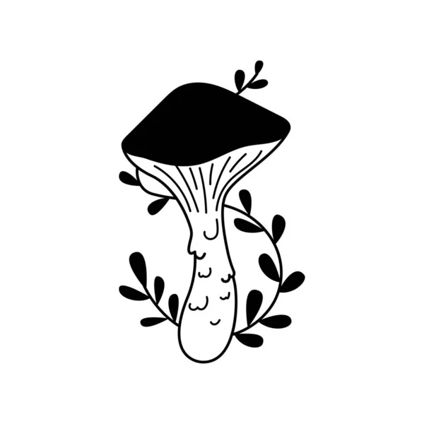 Vector Black White Wild Forest Mushroom Decorated Leaves White Background —  Vetores de Stock