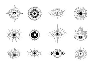 Şeytani gözler koleksiyonu. Büyülü göz tılsımı, gizemli göz çizgisi sanatı. Din kutsal geometri sembolleri belirlendi. Tılsım, çeşitli şans hatıraları.