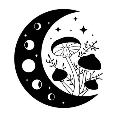 Mystical mushrooms and crescent moon isolated clipart. Magic line celestial mushrooms, leaves, moon phases and stars. Boho witchy doodle design element. Black and white vector illustration.