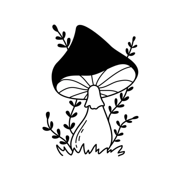 Vector Hand Drawn Black White Wild Forest Mushrooms White Background — Vetor de Stock