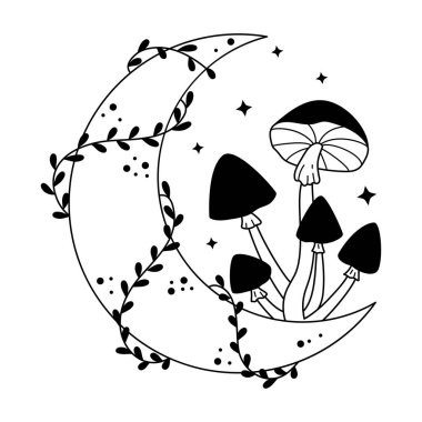Mystical mushrooms, floral element and crescent isolated clipart. Magic line celestial mushrooms, leaves, moon and stars. Boho witchy doodle design element. Black and white vector illustration.