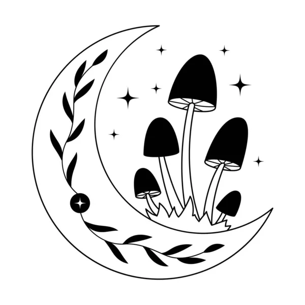 Mystical Mushrooms Crescent Isolated Clipart Magic Line Celestial Mushrooms Leaves — vektorikuva
