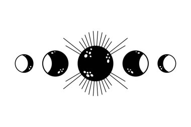 Black and white celestial moon phases isolated on white background. Moon child circle illustration. Boho chic silhouette.