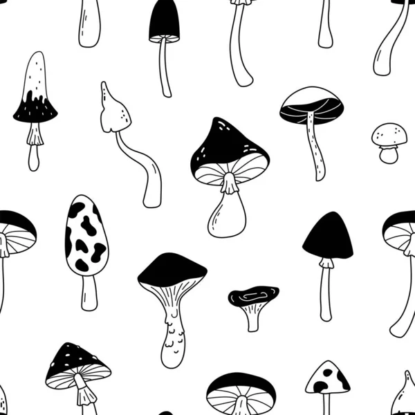 Mushrooms Seamless Pattern Hand Drawn Sketch Forest Elements Repeat Texture —  Vetores de Stock