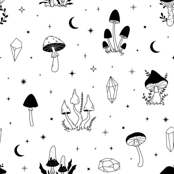 Celestial Mushrooms Seamless Pattern Stars Crystals Hand Drawn Sketch Forest — Stock Vector