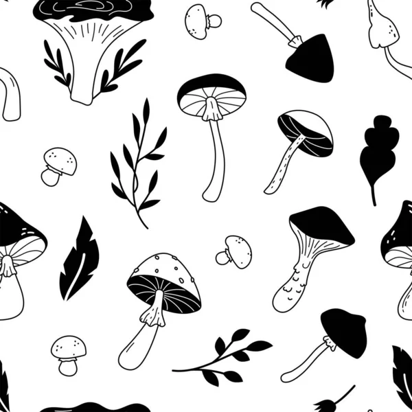 Mushrooms Leaves Seamless Pattern Hand Drawn Sketch Forest Elements Repeat — Stock Vector
