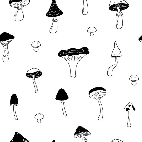 Mushrooms Seamless Pattern Hand Drawn Sketch Forest Elements Repeat Texture —  Vetores de Stock