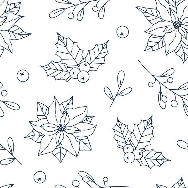 Ligne Art Hiver Floral Motif Sans Couture Avec Poinsettia Feuilles — Image vectorielle