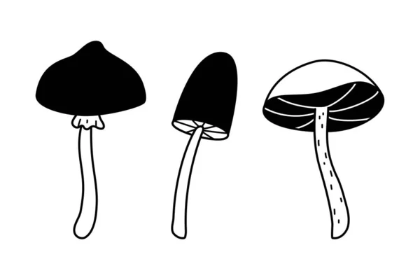 Doodle Long Stem Mushrooms Collection Hand Drawn Sketch Linear Vector — Vetor de Stock