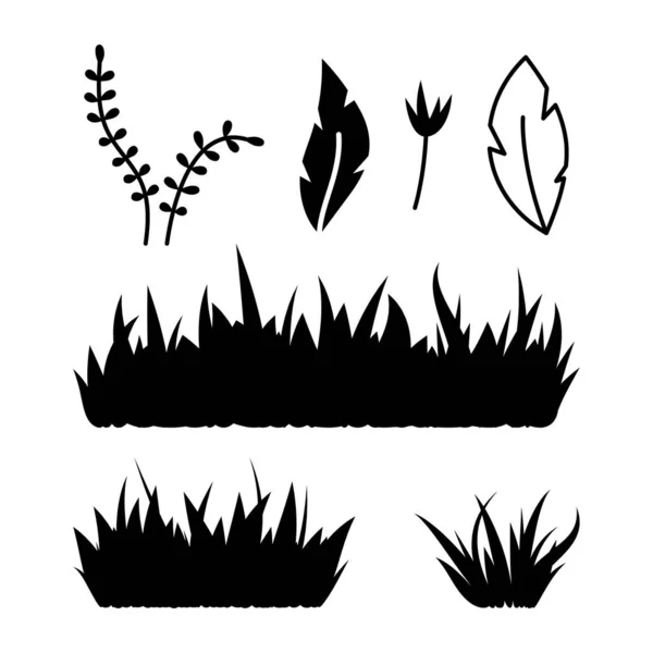 Ilustraciones Vectoriales Siluetas Hierba Ramas Hojas Elementos Florales Negros Dibujados — Archivo Imágenes Vectoriales