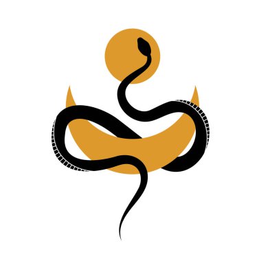 Vector soyut sihirli illüstrasyon gök yılanı ve ay, beyaz arkaplanda en az izole tasarım. Poster baskısı, moda, kumaş veya kart için Boho modası esrarengiz minimal yılan sembolü