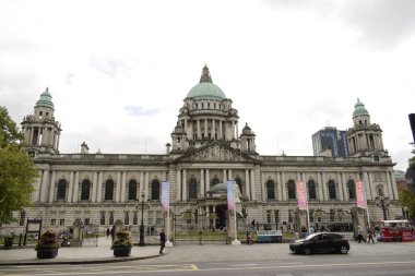 donegull square, belfast, northern ireland, united kingdom - august 8, 2022 : city hall, a famous civic building of belfast city council 