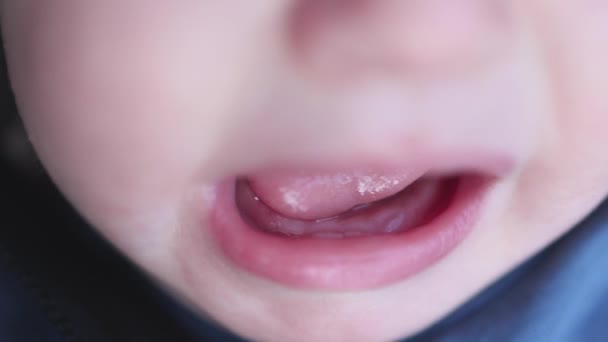 Close-up baby infant open mouth with first primary milk tooth crying child teeth — Stock Video