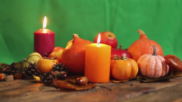 Осінні апельсинові овочі збирають листя свічки дерев'яної зеленої екранної хромати — стокове відео