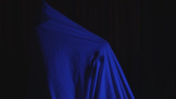 Halloween feest kostuum spook blad spookachtige gezicht, horror concept donker blauw licht — Stockvideo
